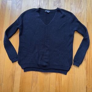Vince Sweater S Black Quiet Luxury 100% Cotton V Neck Textured Knit Pullover Top